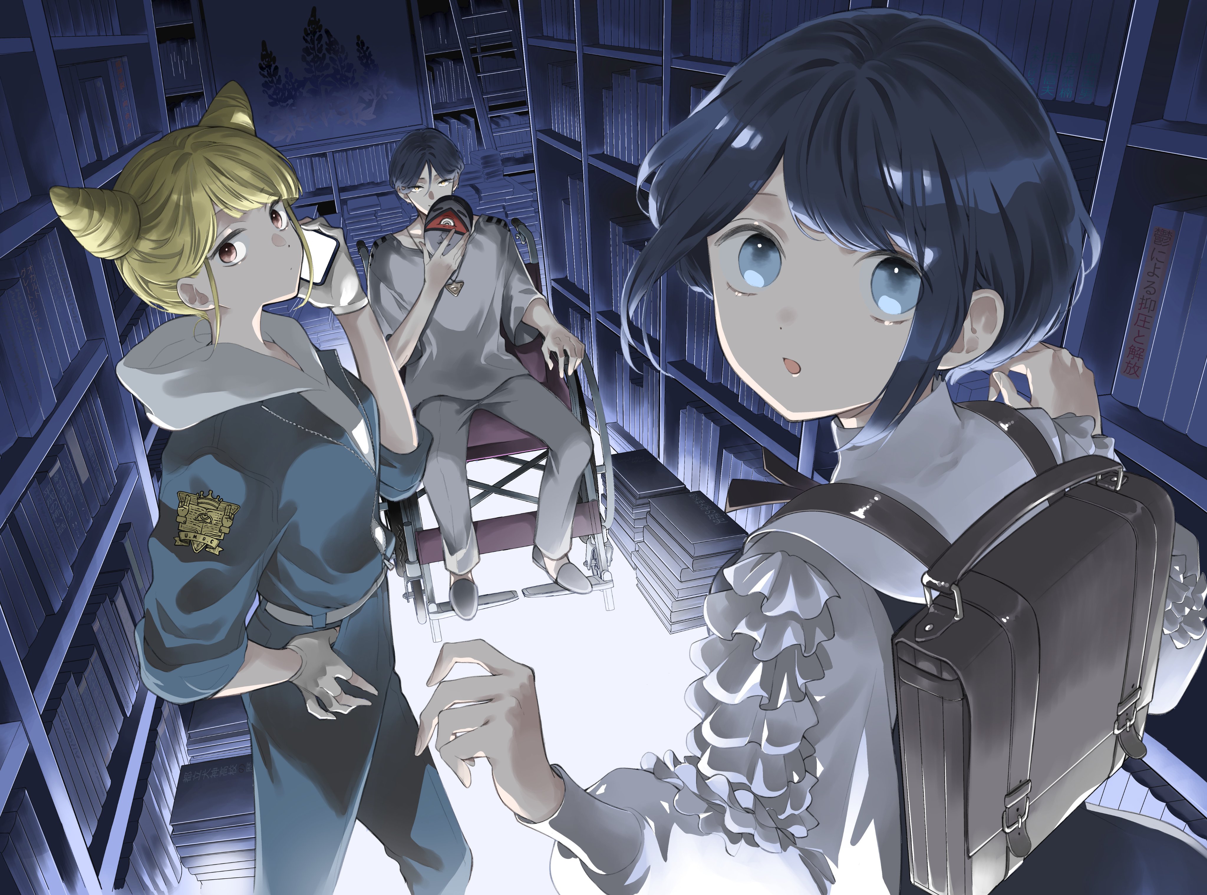 ishikororin, fukurai azami, jasmine (toshi densetsu kaitai center), meguriya ayumu, toshi densetsu kaitai center, absurdres, commentary request, highres, 1boy, 2girls, backpack, bag, blonde hair, blue eyes, blue hair, blue jumpsuit, book, bookshelf, collared shirt, cone hair bun, double bun, frilled shirt, frilled sleeves, frills, hair bun, hand on own hip, hand up, hands up, holding, holding mask, holding phone, hood, hood down, hoodie, indoors, jumpsuit, long sleeves, looking at viewer, looking back, mask, multiple girls, open mouth, pants, phone, shirt, short hair, sitting, standing, swept bangs, talking on phone, wheelchair, white pants, white shirt
