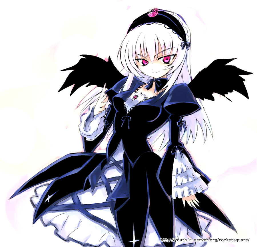 kuropan (crow panther), kurou (artist), suigintou, rozen maiden, 00s, 1girl, detached collar, female focus, gothic lolita, lolita fashion, pale skin, pink eyes, simple background, smile, solo, split mouth, white background, white hair