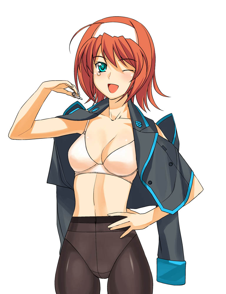 a1 (initial-g), suzumiya akane, kimi ga nozomu eien, muv-luv, 00s, 1girl, ahoge, bra, crotch seam, female focus, hairband, lingerie, midriff, one eye closed, panties, panties under pantyhose, pantyhose, pink bra, smile, solo, tears, underwear, wink