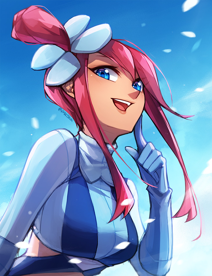 vmat, skyla (pokemon), nintendo, pokemon, pokemon bw, commentary, english commentary, 1girl, blue eyes, blue gloves, blue sky, cloud, dark-skinned female, dark skin, floating hair, gloves, hair bun, hair ornament, index finger raised, lips, long hair, looking at viewer, open mouth, outdoors, red hair, sidelocks, single hair bun, sky, smile, solo, teeth, twitter username, upper teeth only