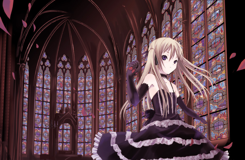 katase yuu, original, 1girl, black dress, black gloves, blonde hair, church, detached collar, elbow gloves, gloves, goth fashion, gothic architecture, gothic lolita, lolita fashion, petals, solo, stained glass, twintails