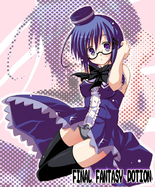 utsurogi angu, potion-tan, final fantasy, 1girl, abstract background, dress, female focus, glasses, hair ornament, hairclip, hat, letter hair ornament, personification, potion, purple eyes, purple hair, solo, thighhighs