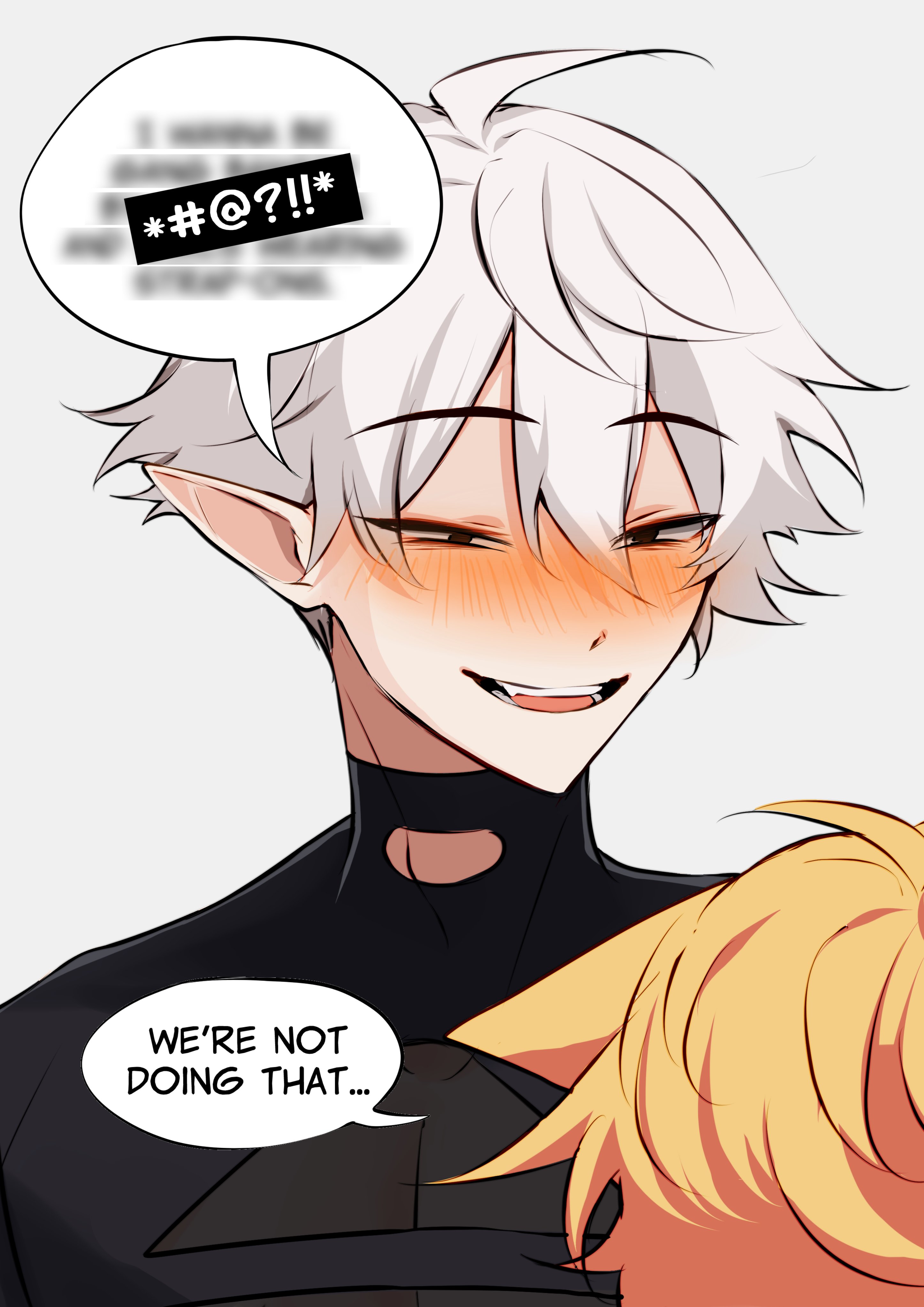elfboiii, absurdres, highres, 1boy, 1girl, 1hp club, :d, ahoge, alice (1hp club), animal ears, blonde hair, blush, cat ears, censored, censored text, cowboy shot, double-parted bangs, english text, hair between eyes, half-closed eyes, kemonomimi mode, obi (1hp club), open mouth, pointy ears, sexually suggestive, short hair, smile, speech bubble, white hair
