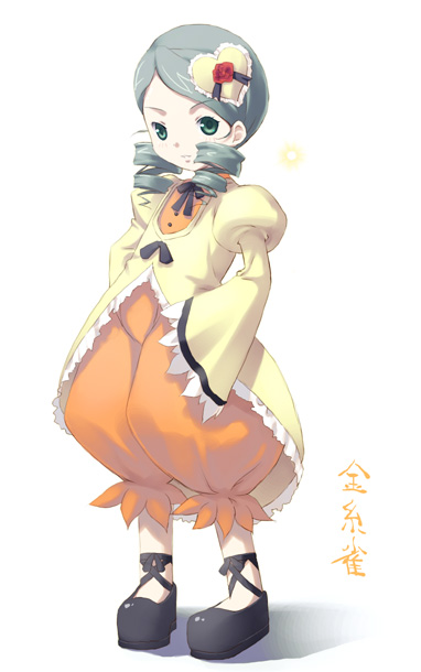 senji (tegone spike), kanaria, rozen maiden, 00s, 1girl, baggy pants, character name, dress, drill hair, female focus, full body, green eyes, green hair, hair ornament, long sleeves, looking at viewer, matching hair/eyes, neck ribbon, pants, puffy sleeves, ribbon, shoes, simple background, solo, standing, twin drills, white background
