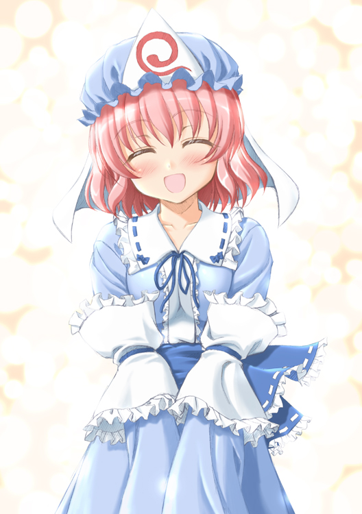 sin-go, saigyouji yuyuko, touhou, 1girl, blush, bonnet, breasts, breasts squeezed together, closed eyes, dress, female focus, frills, happy, hat, mob cap, pink hair, solo, triangular headpiece