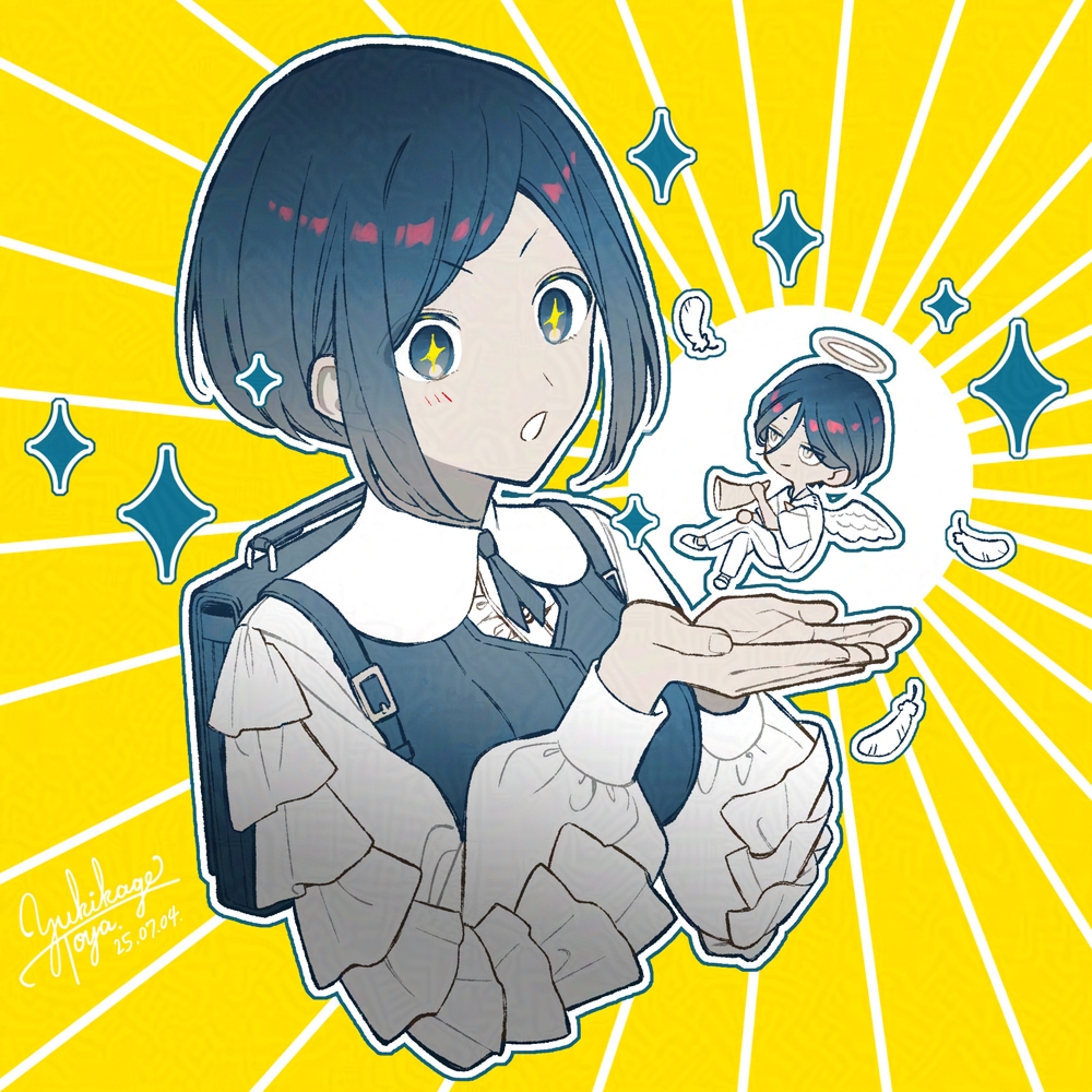 fukurai azami, meguriya ayumu, toshi densetsu kaitai center, + +, 1boy, 1girl, angel, angel wings, backpack, bag, blue hair, collared shirt, feathers, frilled shirt, frills, halo, hands up, kiri (fog kai), limited palette, long sleeves, mini person, miniboy, open mouth, outline, shirt, short hair, smile, sparkle, traditional halo, upper body, white outline, wings, yellow background