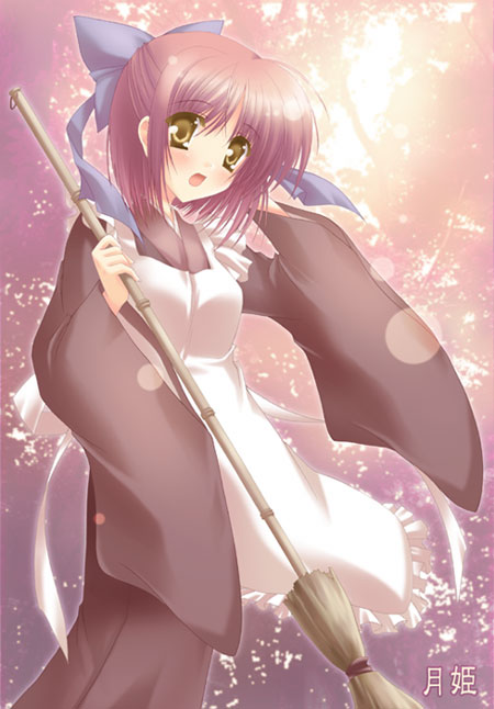takano yuki (allegro mistic), kohaku (tsukihime), tsukihime, 00s, 1girl, :d, apron, bamboo broom, blurry, blush, bokeh, bow, broom, dappled sunlight, depth of field, female focus, frills, hair bow, hand on own head, holding, holding broom, japanese clothes, japanese text, kimono, long hair, open mouth, smile, solo, standing, sunlight, text focus, tree, white apron