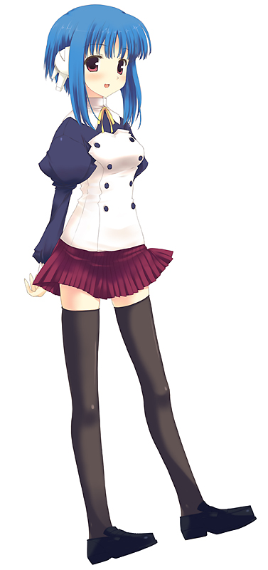 mizuki makoto, ilfa (to heart), to heart (series), to heart 2, 00s, 1girl, :d, arms behind back, blue hair, blush, female focus, full body, loafers, open mouth, puffy sleeves, red eyes, robot ears, shoes, short hair, short hair with long locks, sidelocks, simple background, skirt, smile, solo, standing, thighhighs, white background
