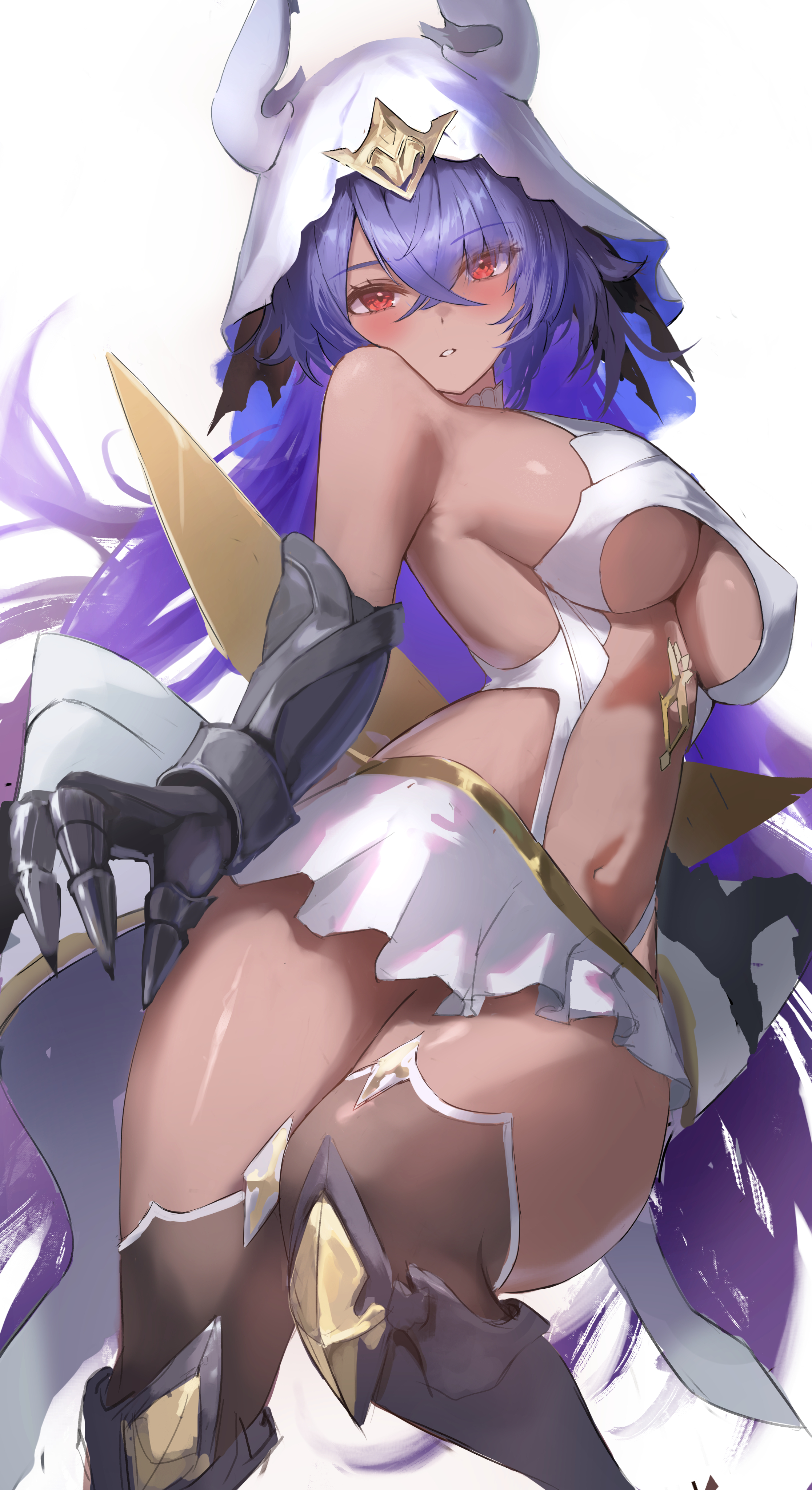 ann (enye5842), duquesne (azur lane), azur lane, absurdres, commentary, commentary request, commission, english commentary, highres, mixed-language commentary, pixiv commission, 1girl, black thighhighs, blue hair, blush, breasts, cowboy shot, crossed bangs, dark-skinned female, dark skin, gauntlets, hair between eyes, horns, large breasts, long hair, looking at viewer, navel, parted lips, red eyes, solo, stomach, thighhighs, underboob, vambraces, veil, white horns, white veil