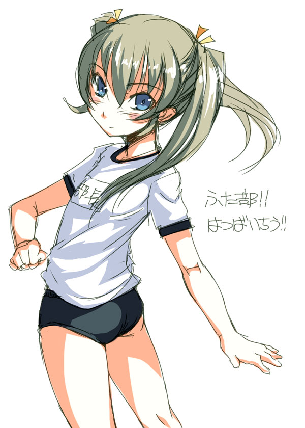 bosshi, asakura mao, futabu, original, translated, 10s, 1girl, ass, blue eyes, blush, buruma, clothes writing, female focus, grey hair, gym uniform, looking back, smile, solo, twintails