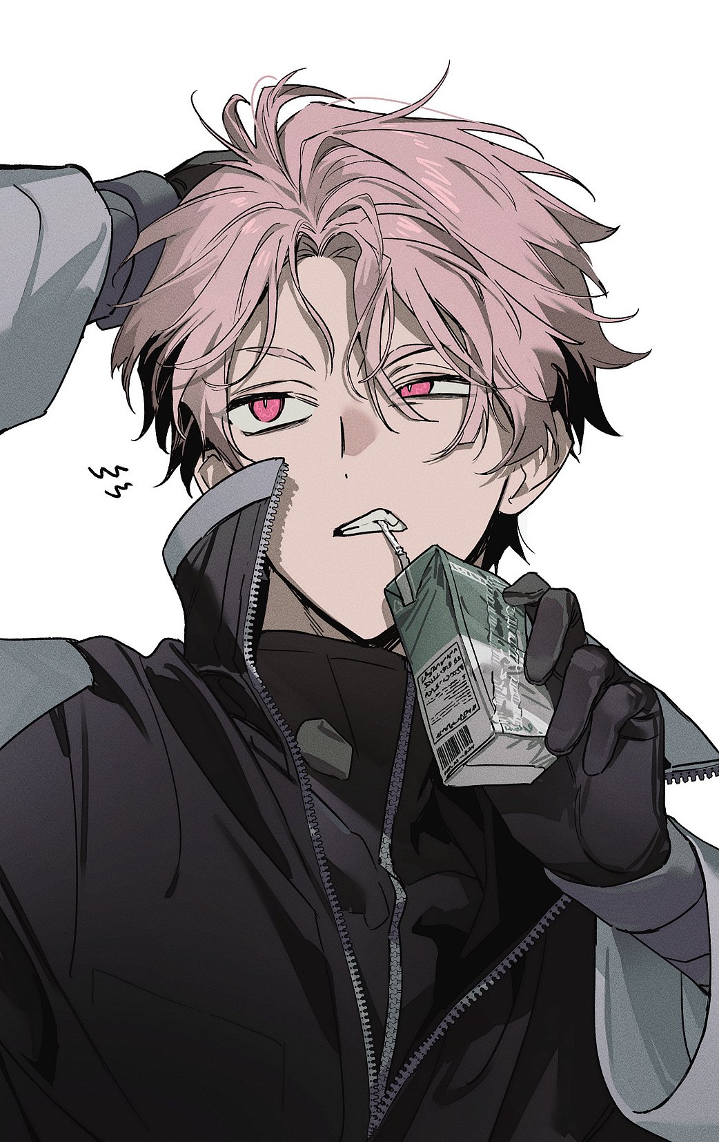 kitsune (ly howe), narumi gen, kaijuu no. 8, commentary request, highres, korean commentary, 1boy, black gloves, black hair, closed mouth, gloves, holding, jacket, long sleeves, male focus, multicolored hair, pink eyes, short hair, simple background, solo, two-tone hair, upper body, white background