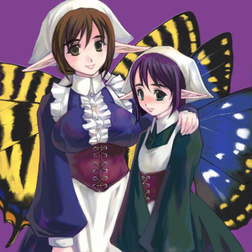 genshi, lowres, 2girls, bonnet, breasts, bug, butterfly, corset, fairy, fantasy, large breasts, long sleeves, multiple girls, pointy ears, wings