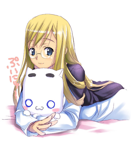 zono (rinkara-sou), alicia florence, aria pokoteng, aria (manga), 00s, 1girl, animal, blonde hair, blue eyes, blush, cat, cuddling, dress, female focus, glasses, hair down, holding, holding animal, holding cat, long sleeves, looking at viewer, lying, on stomach, simple background, smile, solo, white background, white dress