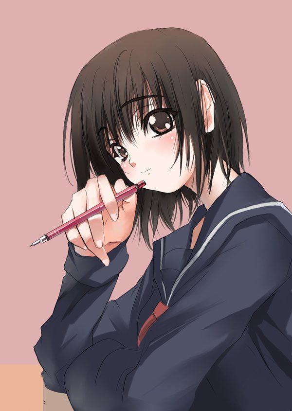shihira tatsuya, 1girl, blush, brown eyes, brown hair, female focus, mechanical pencil, pencil, school uniform, serafuku, solo