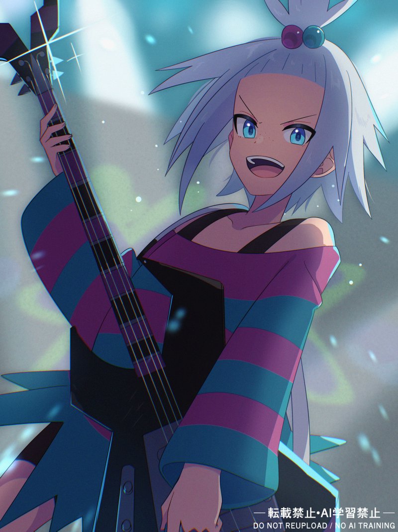 riki (inushima ), roxie (pokemon), nintendo, pokemon, pokemon bw2, 1girl, bass guitar, black shorts, blue eyes, bra strap, breasts, dress, freckles, hair bobbles, hair ornament, holding, holding bass guitar, holding instrument, instrument, looking at viewer, multicolored hair bobbles, open mouth, short hair, shorts, shorts under dress, smile, solo, striped clothes, striped dress, teeth, topknot, upper teeth only, white hair