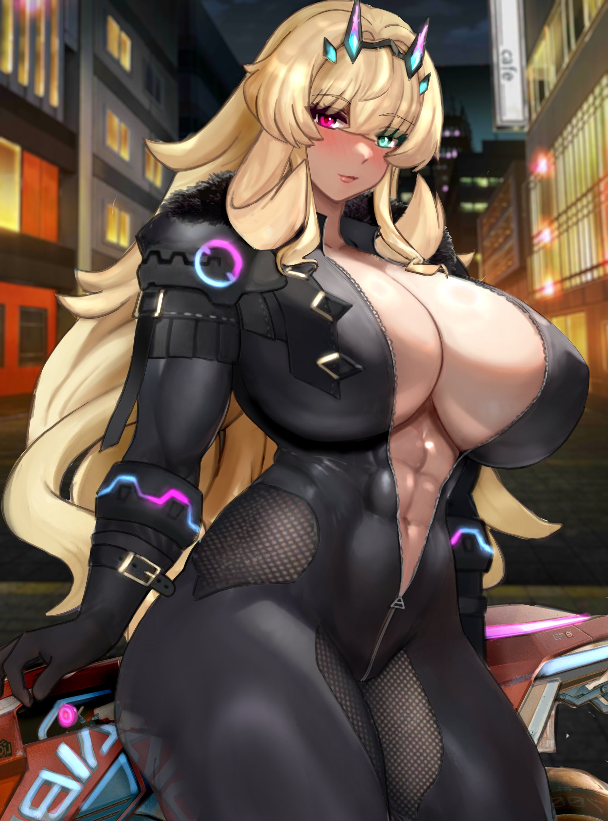 raskasar, barghest (exhibition attire) (fate), barghest (fate), fate/grand order, fate (series), absurdres, highres, 1girl, abs, black bodysuit, black gloves, blonde hair, blush, bodysuit, breasts, center opening, curvy, fur collar, gloves, green eyes, heterochromia, horns, huge breasts, long hair, looking at viewer, muscular, muscular female, navel, red eyes, revealing clothes, solo, thick thighs, thighs
