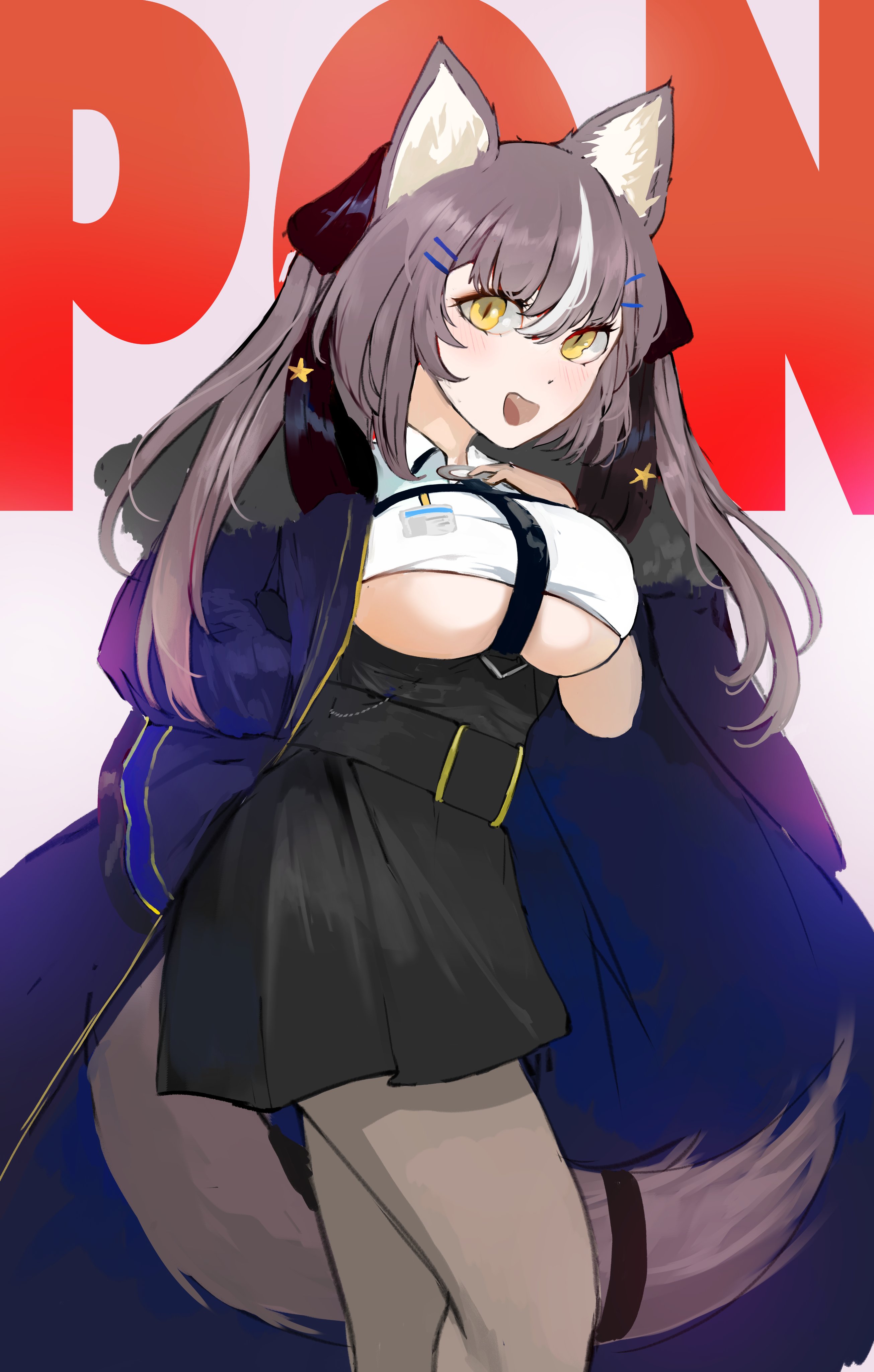 chisaka airi, phase connect, artist request, 1girl, animal ear fluff, animal ears, breasts, brown hair, crop top, harness, jacket, looking at viewer, multicolored hair, pantyhose, skirt, streaked hair, tail, underboob, virtual youtuber, white hair, wolf ears, wolf tail, yellow eyes