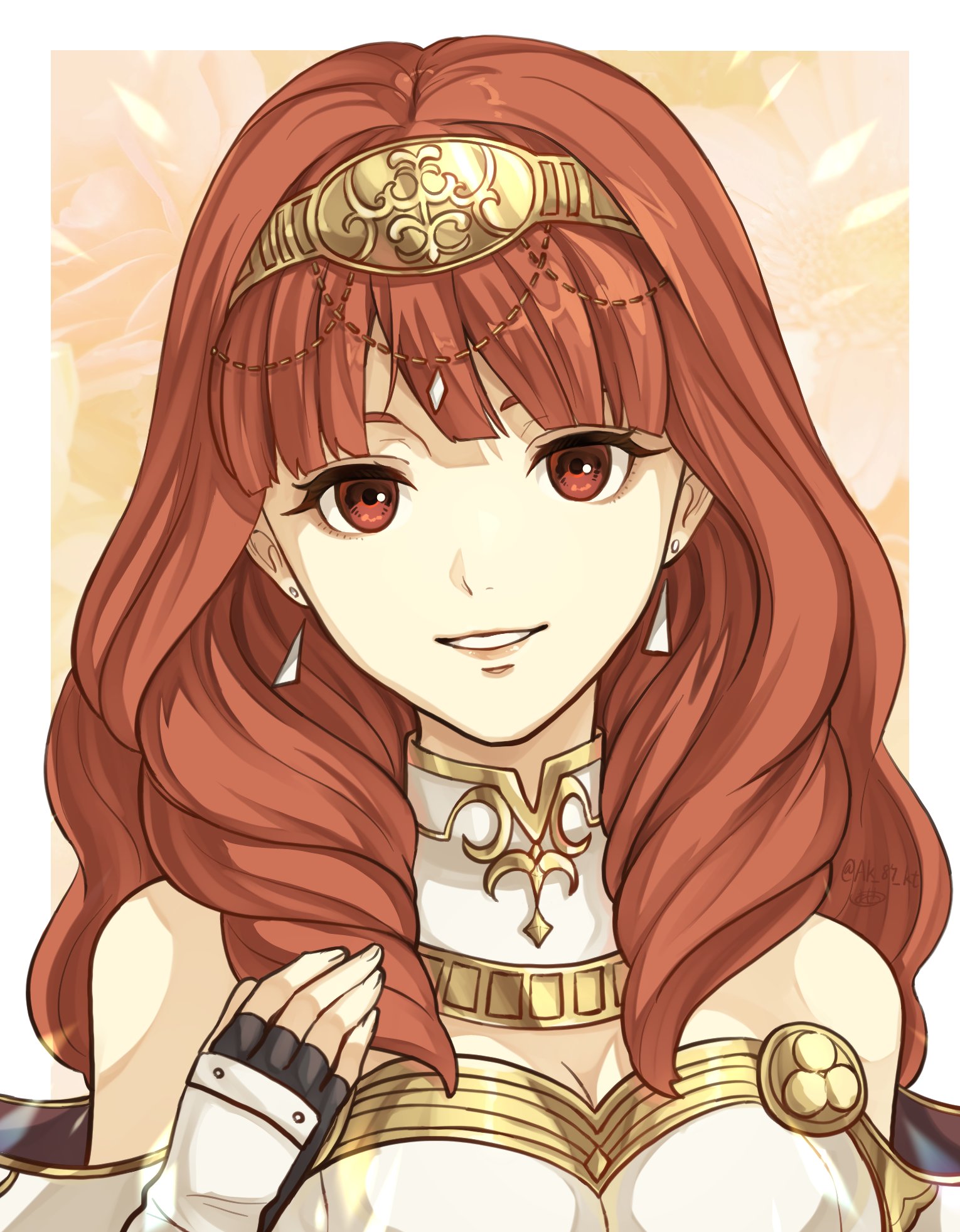 ak 87 kt, celica (fire emblem), fire emblem, fire emblem echoes: shadows of valentia, nintendo, commentary request, highres, 1girl, armor, bare shoulders, black gloves, border, breasts, cleavage, detached collar, dress, earrings, fingerless gloves, gloves, gold trim, grin, hairband, jewelry, long hair, looking at viewer, medium breasts, open mouth, orange eyes, orange hair, outside border, parted lips, red eyes, red hair, simple background, smile, solo, teeth, tiara, upper body, white border, white dress