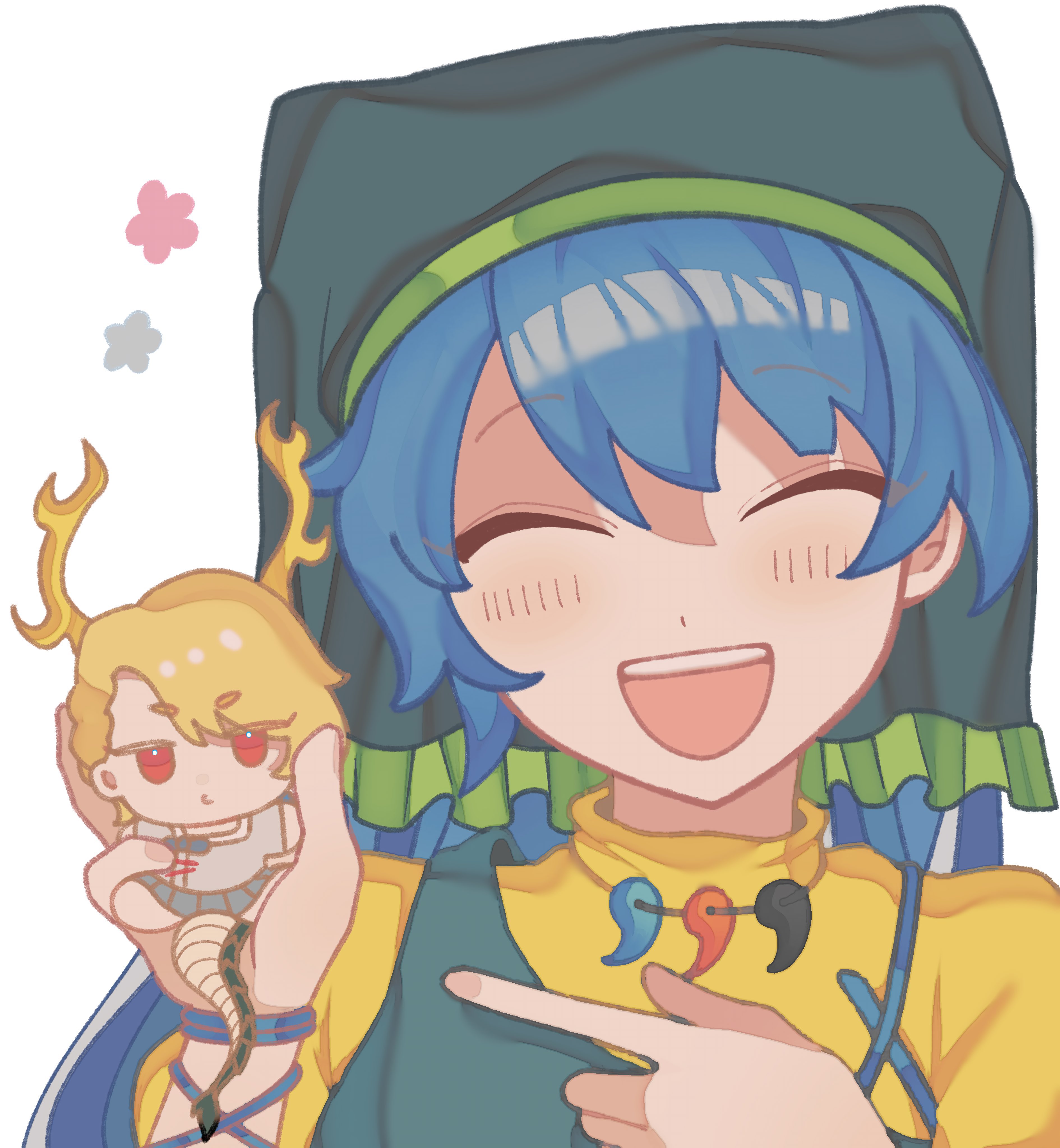 toho suimei, haniyasushin keiki, kicchou yachie, touhou, absurdres, highres, 2girls, apron, blonde hair, blue hair, blue shirt, blue skirt, blush, closed mouth, eastern dragon horns, eastern dragon tail, green apron, green headscarf, headscarf, holding, holding stuffed toy, jewelry, long hair, magatama, magatama necklace, medium hair, multiple girls, necklace, open mouth, pointing, pointing at another, red eyes, shirt, skirt, smile, stuffed toy, teeth, upper teeth only, yellow shirt