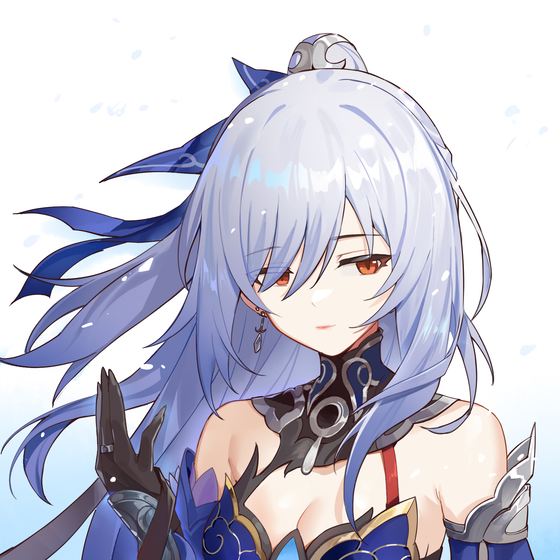 chi-aaa, jingliu (honkai: star rail), honkai: star rail, honkai (series), highres, 1girl, bare shoulders, black gloves, blue dress, breasts, cleavage, closed mouth, dress, earrings, gloves, grey hair, hair between eyes, hair ornament, jewelry, long hair, looking at viewer, medium breasts, ponytail, red eyes, ring, single earring, smile, solo, upper body, white background