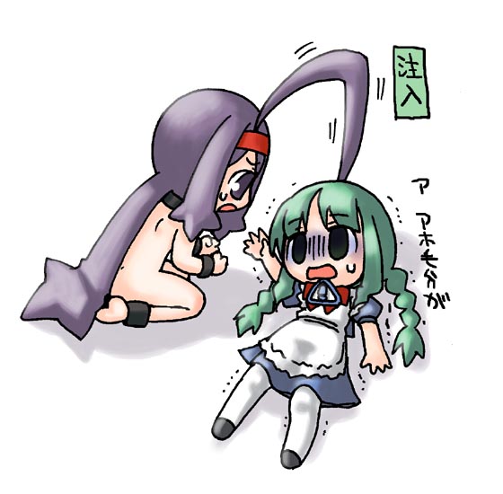 choia, me-tan, os-tan, 2girls, chibi, chibi only, green hair, multiple girls, nude