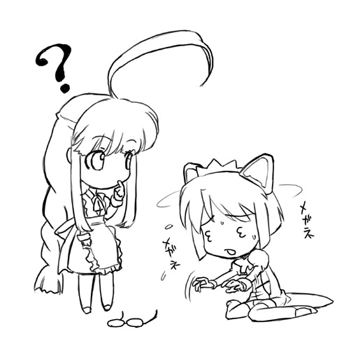 2k-tan, me-tan, os-tan, lowres, translated, 2girls, ?, ahoge, braid, chibi, chibi only, finger to mouth, glasses, greyscale, huge ahoge, long hair, looking for glasses, monochrome, multiple girls, short hair