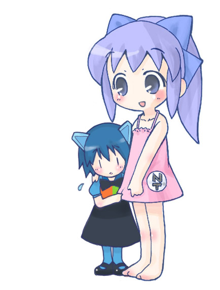 2k-tan, mama-t, os-tan, 2girls, barefoot, blue hair, blush, camisole, chibi, chibi only, collarbone, flying sweatdrops, glasses, headgear, mary janes, multiple girls, ponytail, purple theme, shoes, simple background, standing, white background