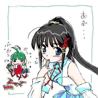 me-tan, xp-tan, os-tan, lowres, 2girls, ahoge, blue skirt, green hair, multiple girls, oekaki, skirt