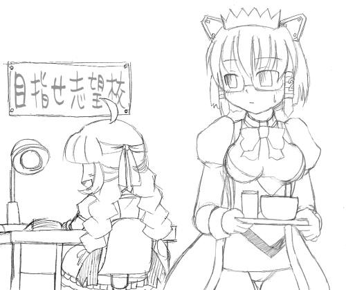 2k-tan, me-tan, os-tan, lowres, ahoge, braid, glasses, greyscale, monochrome, twin braids