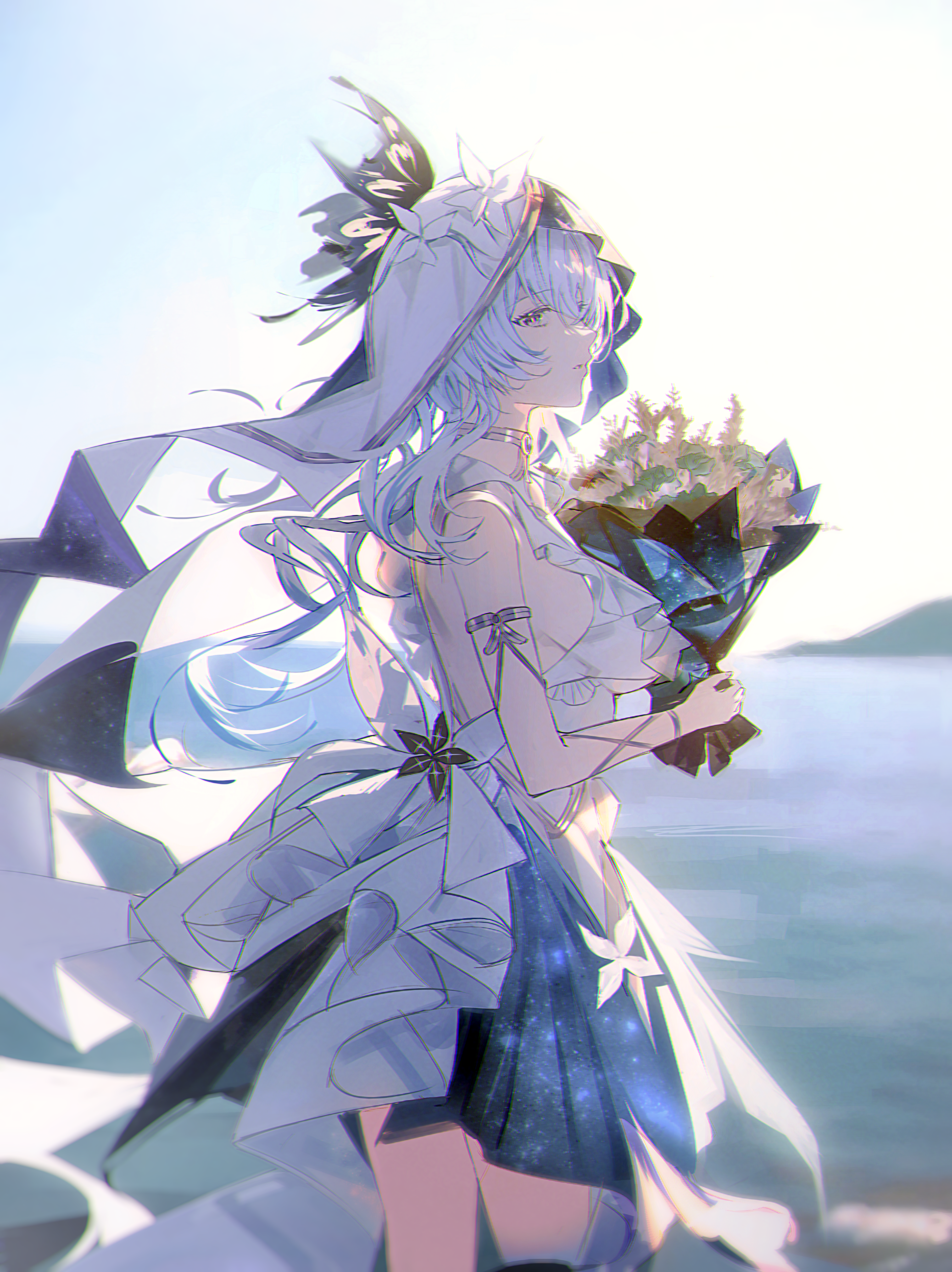 hikaku (siyrgr), shorekeeper (wuthering waves), wuthering waves, absurdres, commentary, highres, 1girl, armlet, blue hair, blue sky, blurry, blurry background, bouquet, breasts, cowboy shot, day, dress, flower, from side, holding, holding bouquet, jewelry, long hair, looking at viewer, medium breasts, ocean, outdoors, parted lips, purple eyes, sideways glance, sky, sleeveless, sleeveless dress, solo, veil, white dress, white veil