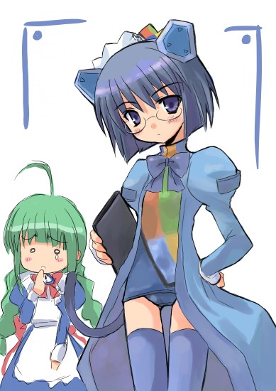 2k-tan, me-tan, os-tan, 2girls, ahoge, blue eyes, blue hair, braid, glasses, green hair, multiple girls, thighhighs, twin braids