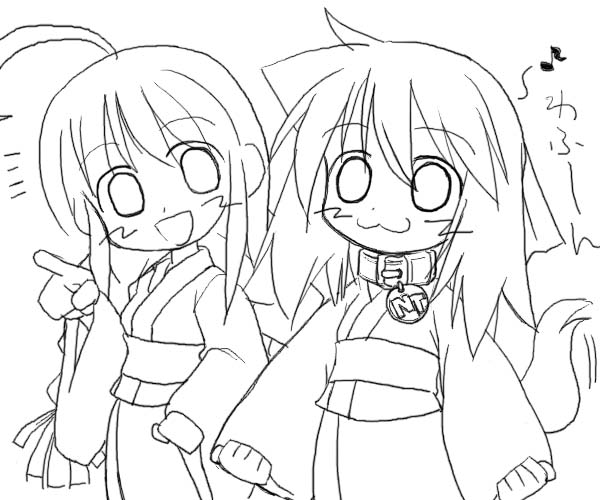 inu-t, me-tan, os-tan, 2girls, ahoge, braid, chibi, chibi only, fox tail, greyscale, japanese clothes, monochrome, multiple girls, musical note, quaver, tail