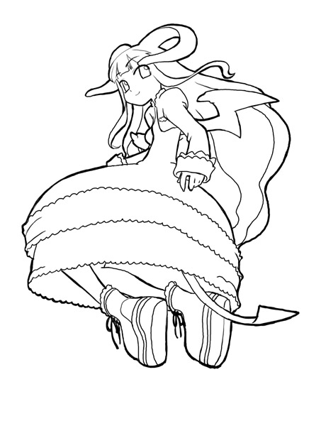 longhorn, os-tan, 1girl, bat wings, demon tail, dress, female focus, frills, greyscale, long hair, monochrome, shoes, sidelocks, sketch, smile, solo, tail, wings