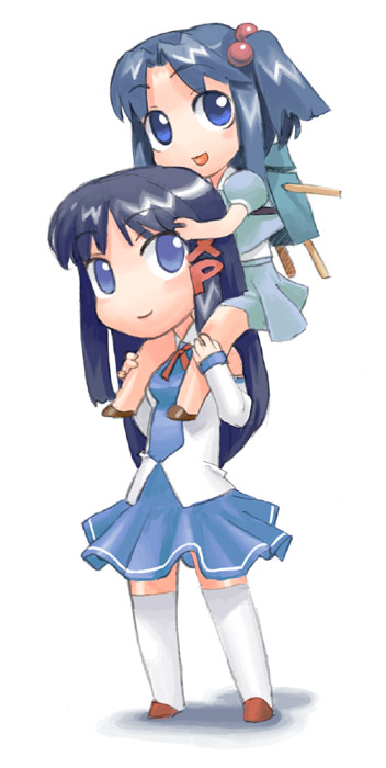 98se-tan, xp-tan, os-tan, white legwear, 2girls, backpack, bag, bare shoulders, blue skirt, carrying, detached sleeves, full body, multiple girls, over shoulder, piggyback, shirt, shoulder carry, simple background, skirt, sleeveless, sleeveless shirt, smile, standing, thighhighs, white background, zettai ryouiki