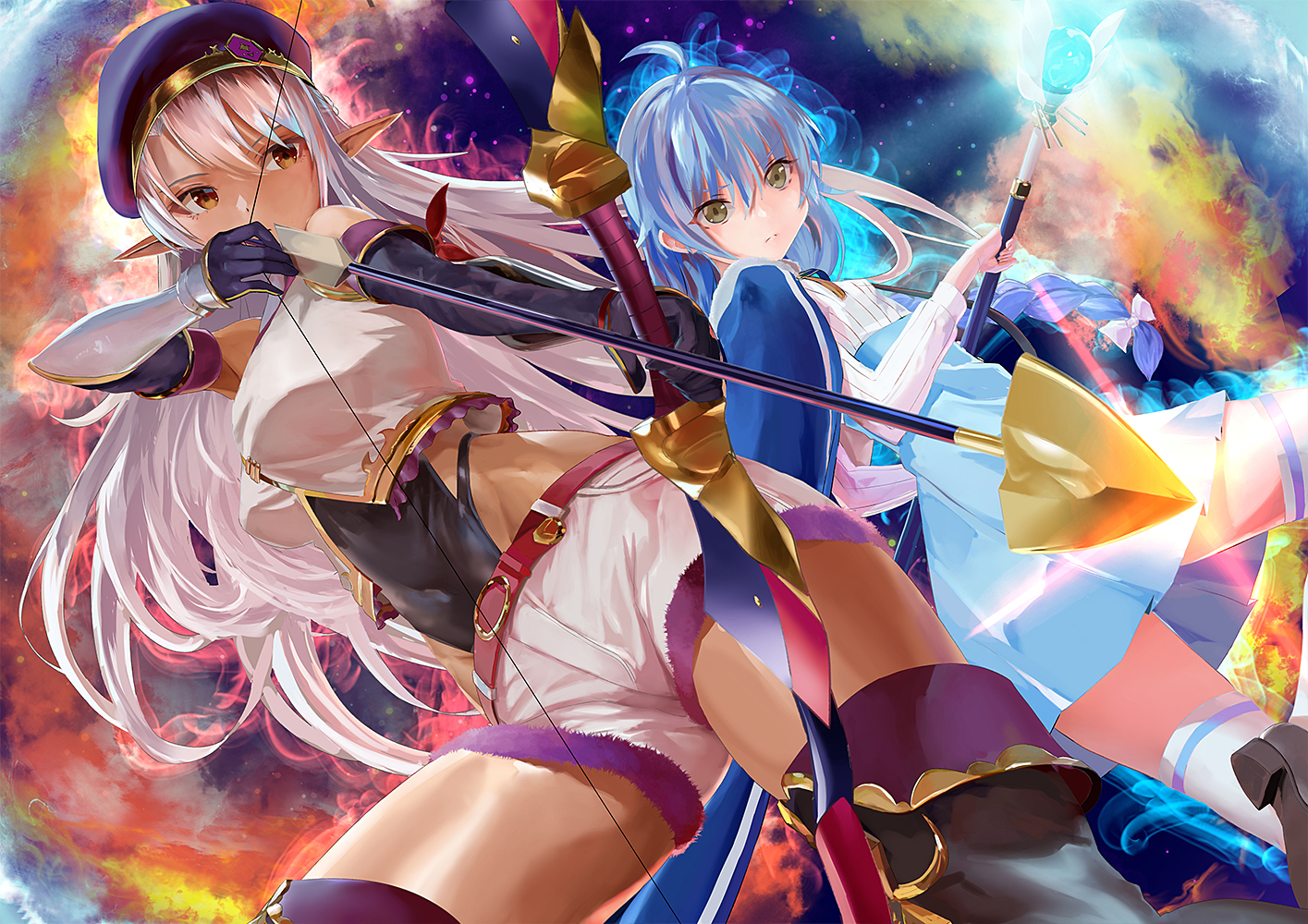 dara-ke, rain (aparida), silk (aparida), silk amberwood, a rank party o ridatsu shita ore wa moto oshiego-tachi to meikyuu shinbu o mezasu, 2girls, arrow (projectile), beret, blue hair, bow (weapon), dark elf, elf, gloves, hat, magic staff, multiple girls, pointy ears, shorts, weapon, white hair