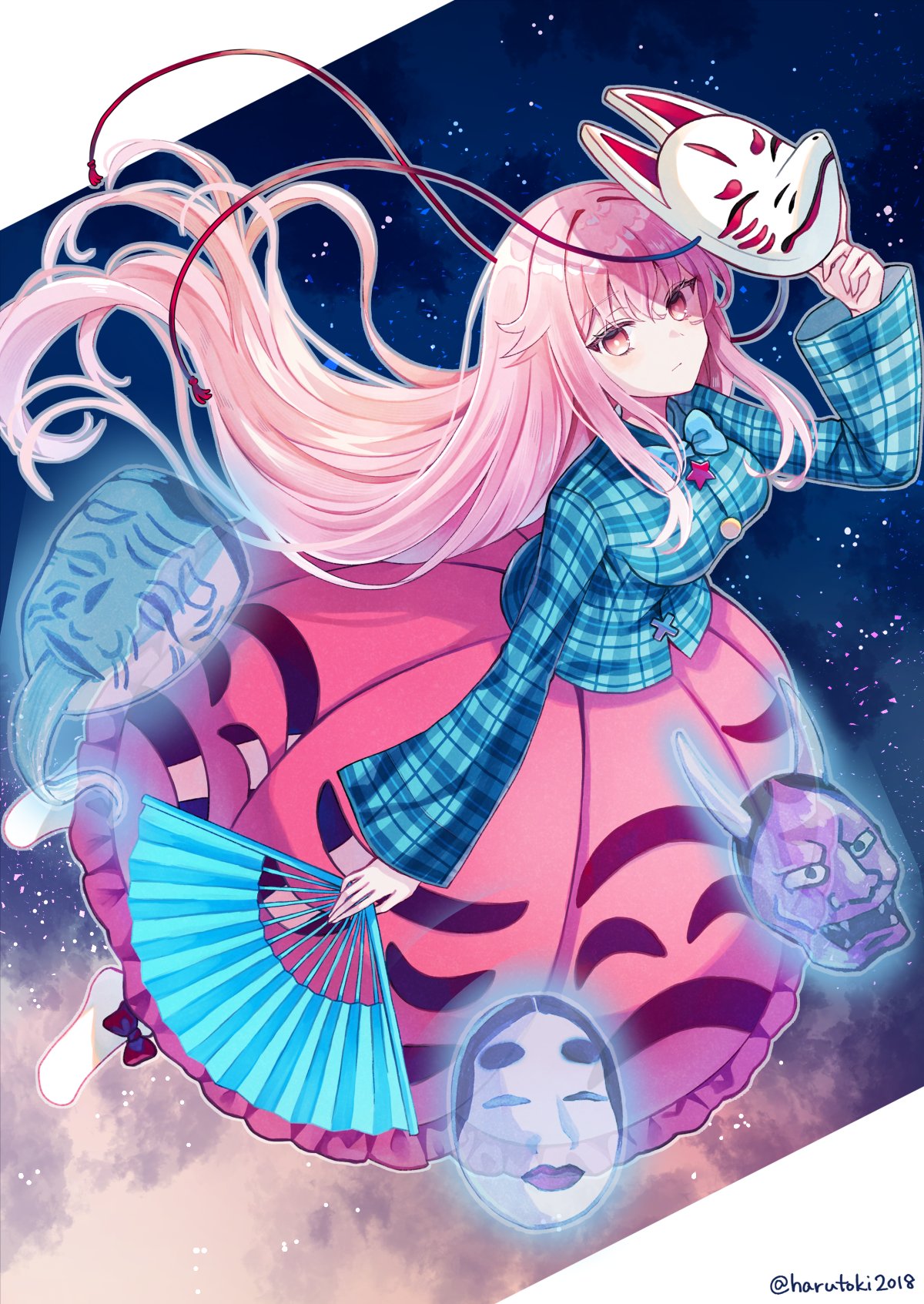 miyakure, hata no kokoro, touhou, highres, 1girl, aqua shirt, breasts, expressionless, fox mask, frilled skirt, frills, hand fan, holding, holding fan, holding mask, long hair, looking at viewer, mask, oni mask, pink eyes, pink hair, plaid clothes, plaid shirt, shirt, skirt, solo, twitter username