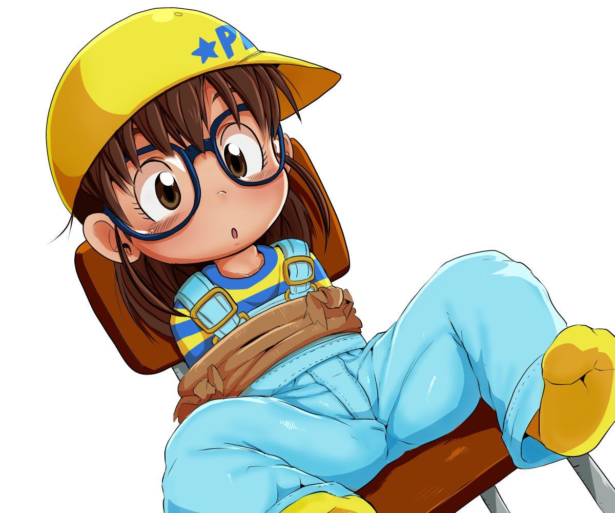 dagasi, norimaki arale, dr. slump, 1girl, brown eyes, brown hair, glasses, overalls, solo