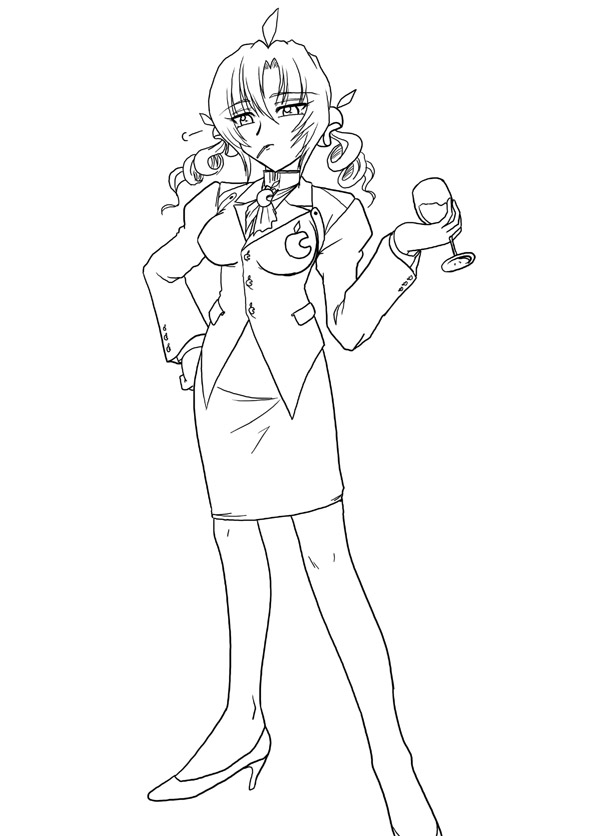 mac os, os-tan, 1girl, ahoge, ascot, brooch, cup, drinking glass, female focus, formal clothes, full body, glass, greyscale, high heels, jacket, jewelry, lineart, long sleeves, monochrome, mouth hold, pencil skirt, skirt, solo, standing, suit