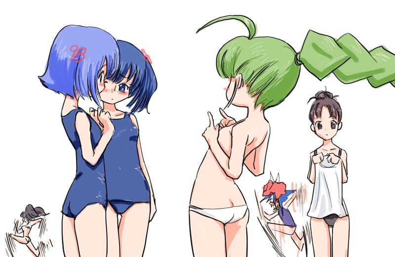98-tan, 98se-tan, me-tan, os-tan, 6+girls, ahoge, bikini, blue hair, blush, bob cut, braid, female focus, green hair, multiple girls, one-piece swimsuit, panties, school swimsuit, short hair, standing, swimsuit, topless female, underwear, underwear only, white bikini, white panties