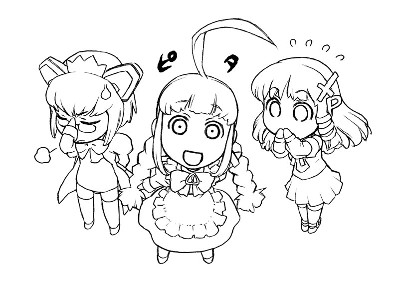 2k-tan, me-tan, xp-tan, os-tan, ahoge, braid, chibi, chibi only, closed eyes, from above, glasses, greyscale, long hair, monochrome, short hair, skirt, twin braids