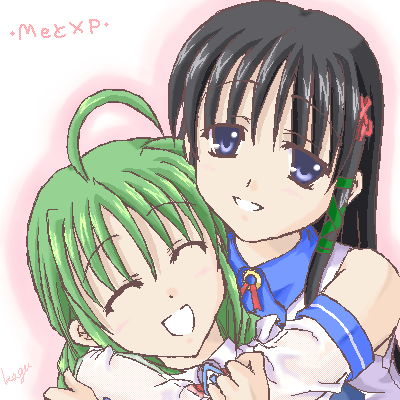 me-tan, xp-tan, os-tan, lowres, 2girls, :d, ^ ^, ahoge, bare shoulders, black hair, blue eyes, closed eyes, detached sleeves, green hair, hair ornament, hairpin, long hair, multiple girls, oekaki, open mouth, shirt, sleeveless, sleeveless shirt, smile, teeth