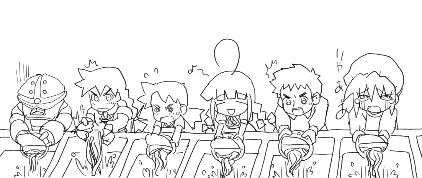 me-tan, futaba channel, gundam, os-tan, long image, wide image, 1boy, 4girls, cup ramen, greyscale, instant soba, lineup, monochrome, multiple girls, yakisoba
