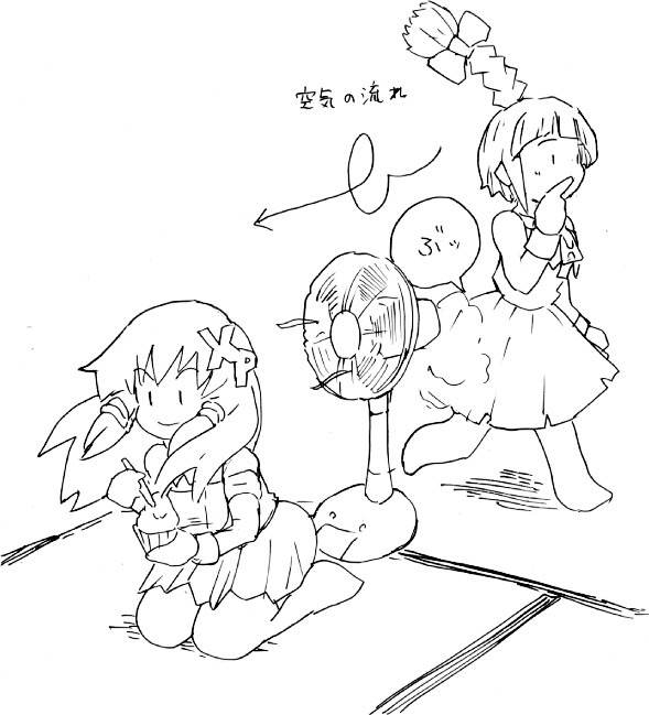 me-tan, xp-tan, os-tan, alternate hairstyle, braid, electric fan, fart, greyscale, hair up, monochrome, summer, tatami
