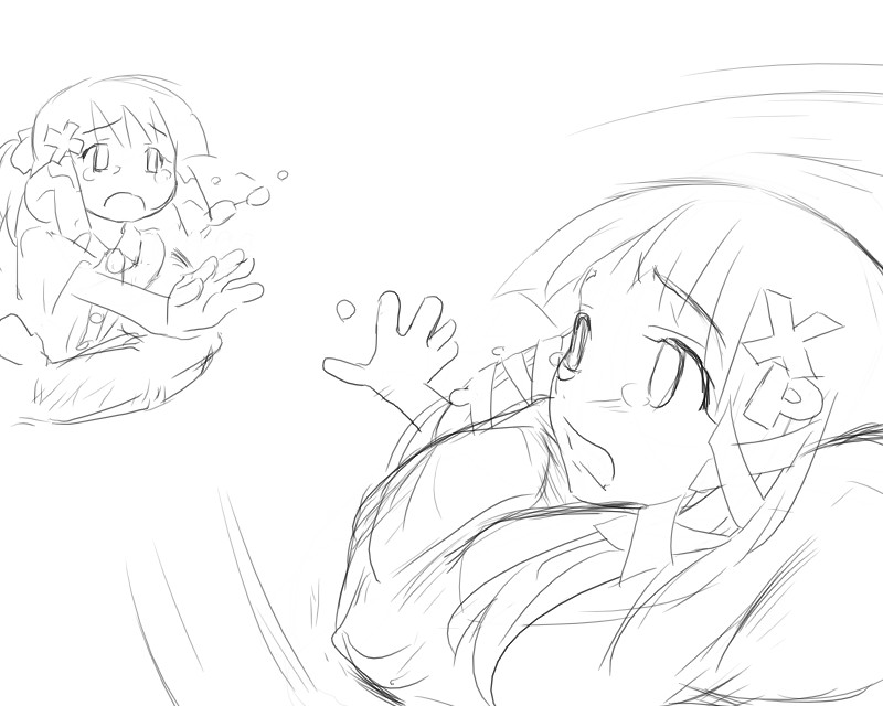 homeko, xp-tan, xp home-tan, xphome, os-tan, 2girls, buttons, crying, greyscale, hair ornament, hairpin, monochrome, multiple girls, outstretched arms, tears