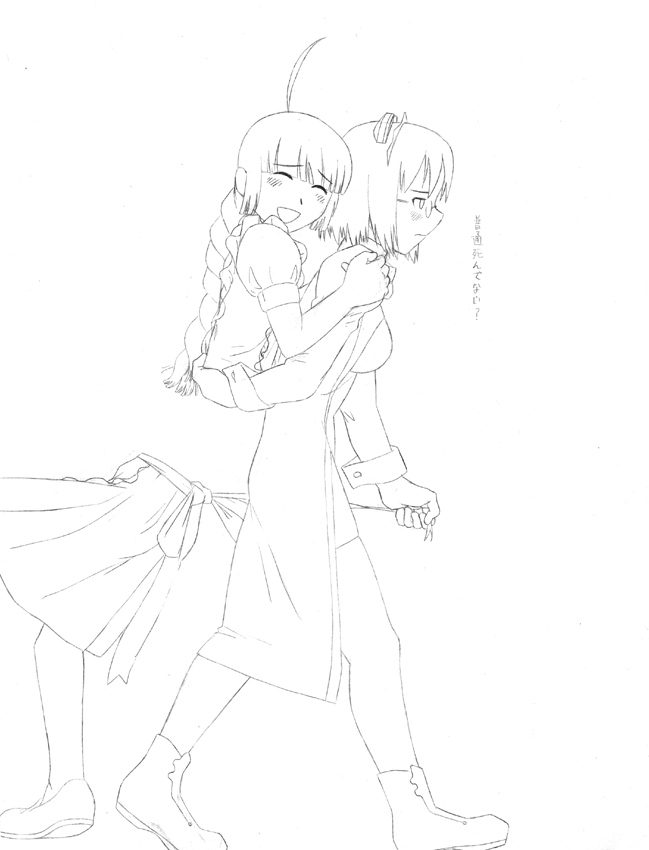2k-tan, me-tan, os-tan, ahoge, braid, closed eyes, glasses, greyscale, monochrome