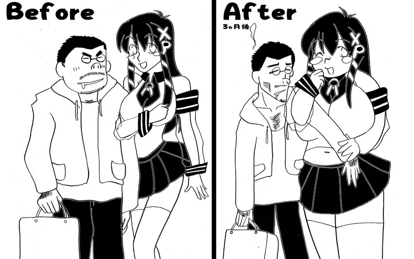 xp-tan, os-tan, 1boy, 1girl, beard, before and after, blush stickers, drooling, facial hair, greyscale, hair ornament, locked arms, monochrome, mustache, pleated skirt, skirt, thighhighs, truth, zettai ryouiki