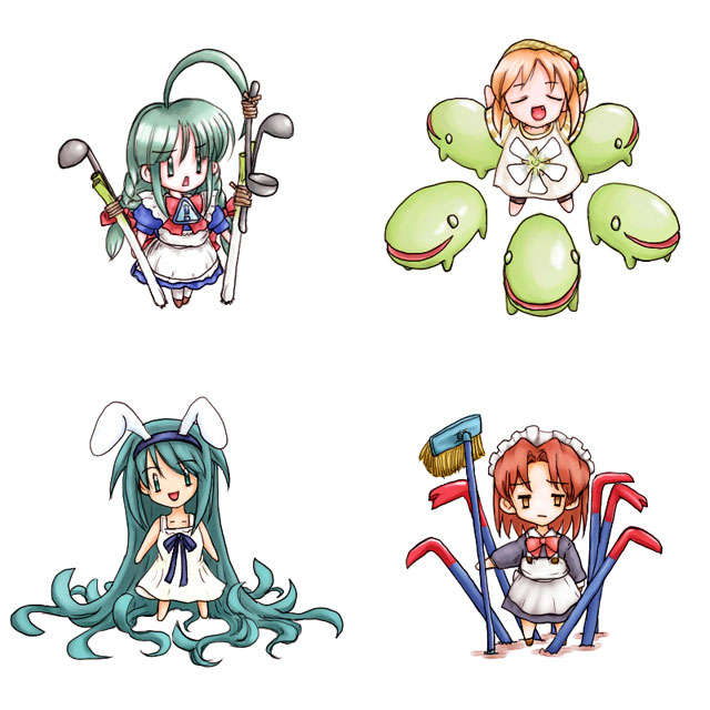 me-tan, medoi, saya (saya no uta), waha, yamato suzuran, futaba channel, nijiura maids, os-tan, saya no uta, 4girls, animal ears, chibi, fake animal ears, hairband, multiple girls, rabbit ears, spring onion