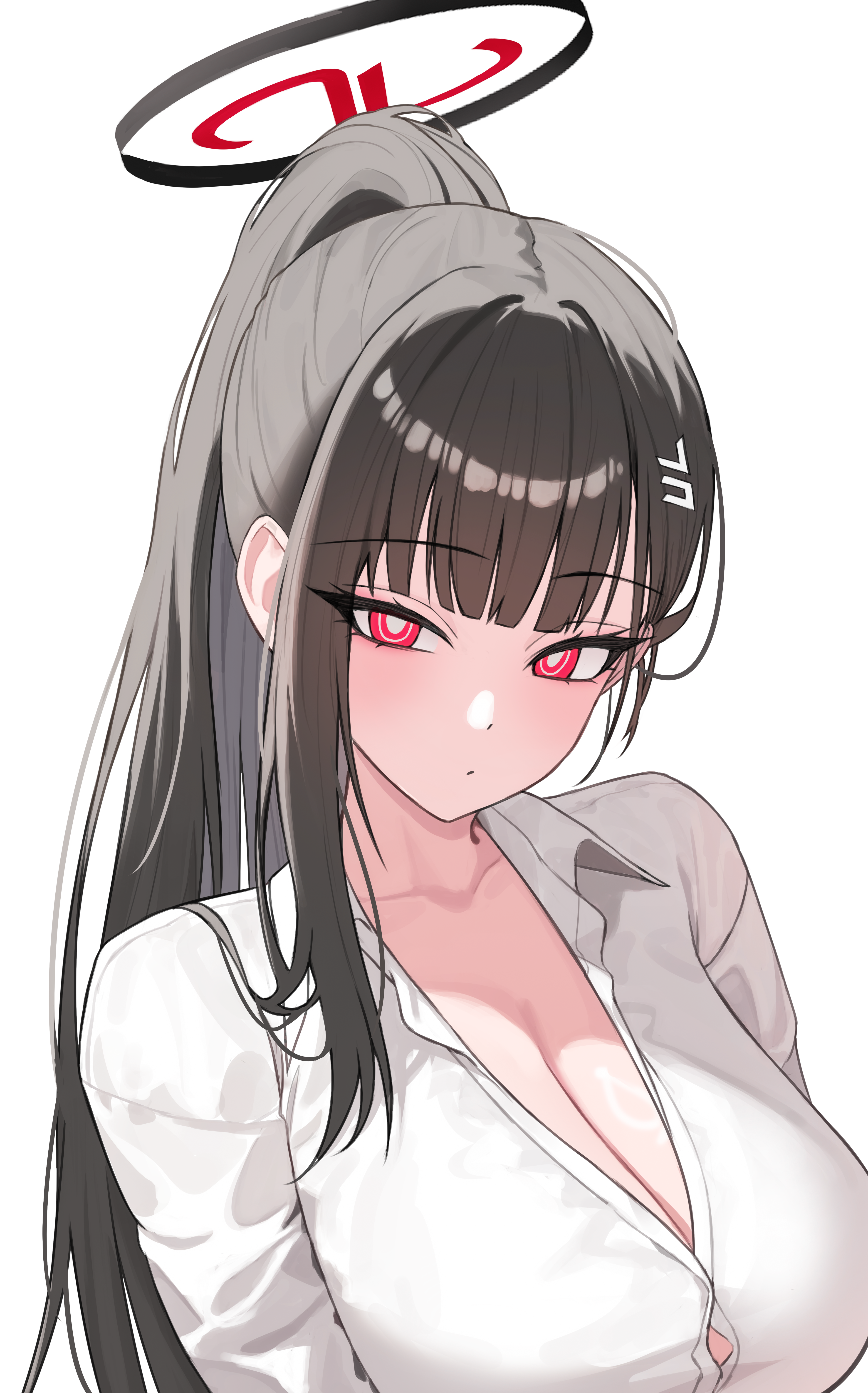 seungju, rio (blue archive), blue archive, absurdres, commentary, commentary request, english commentary, highres, mixed-language commentary, 1girl, black hair, black halo, breasts, bright pupils, cleavage, closed mouth, collared shirt, halo, large breasts, long hair, long sleeves, looking at viewer, ponytail, red eyes, ringed eyes, shirt, simple background, solo, upper body, white background, white pupils, white shirt