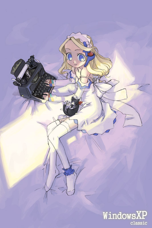 os9, xp-tan, os-tan, 1girl, alternate costume, ankle garter, bed sheet, black cat, blonde hair, blue eyes, bow, breasts, cat, character name, detached sleeves, dress, female focus, frilled thighhighs, frills, from above, full body, headset, indoors, light smile, long hair, looking at viewer, shade, short dress, sleeves past wrists, small breasts, smile, solo, strap slip, thighhighs, white dress, white thighhighs, zettai ryouiki