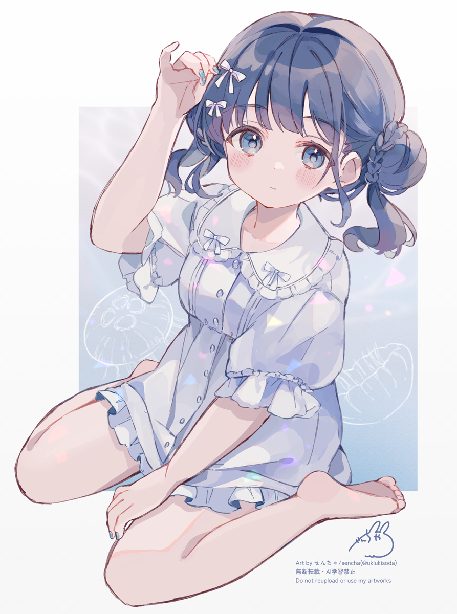 sencha (senta 10), original, highres, 1girl, arm up, barefoot, blue background, blue eyes, blue hair, blue nails, blush, border, closed mouth, collared dress, double bun, dress, frilled dress, frilled shirt collar, frills, full body, hair bun, looking at viewer, medium hair, nail polish, outside border, short sleeves, sitting, solo, wariza, watermark, white border, white dress
